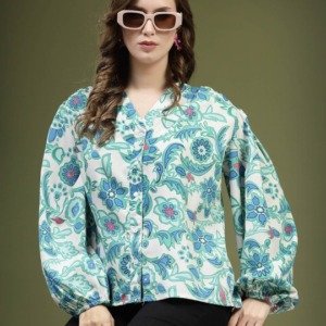 PLUSS Green - White Floral Printed Shirt Style Top
