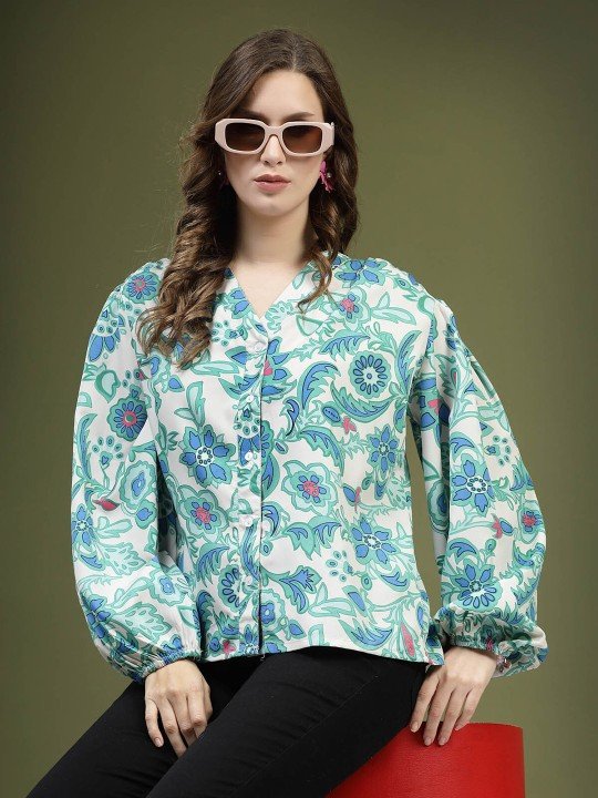 PLUSS Green - White Floral Printed Shirt Style Top