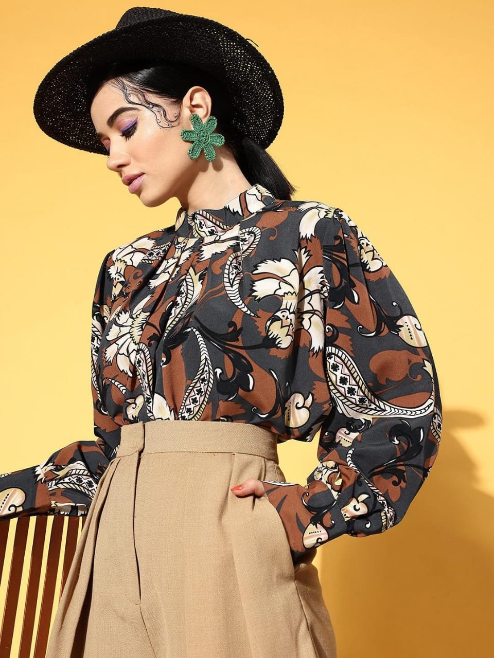 PLUSS  Casual Cuffed Sleeves Printed Wo...