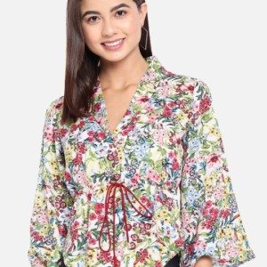 ALL WAYS YOU Floral Printed Flared Sleeves Crepe Shirt Style Top