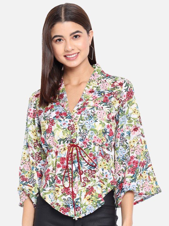ALL WAYS YOU Floral Printed Flared Sleeves Crepe Shirt Style Top