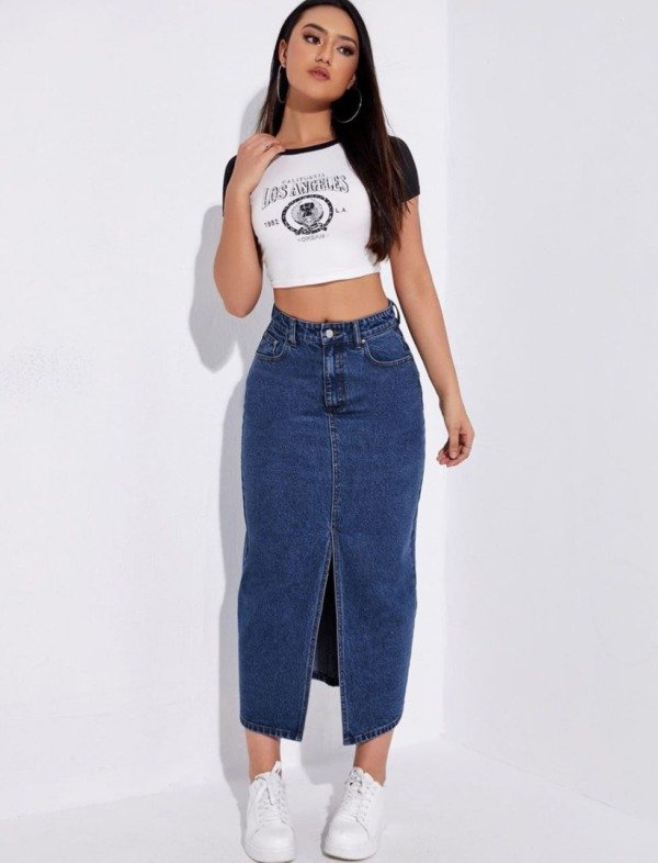 solid front slit denim maxi skirt