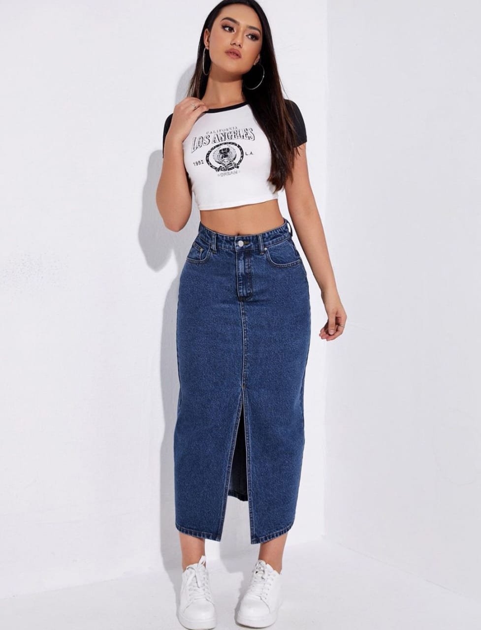 solid front slit denim maxi skirt