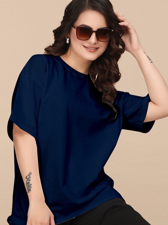 Women Solid Navy Blue Cotton T-Shirt