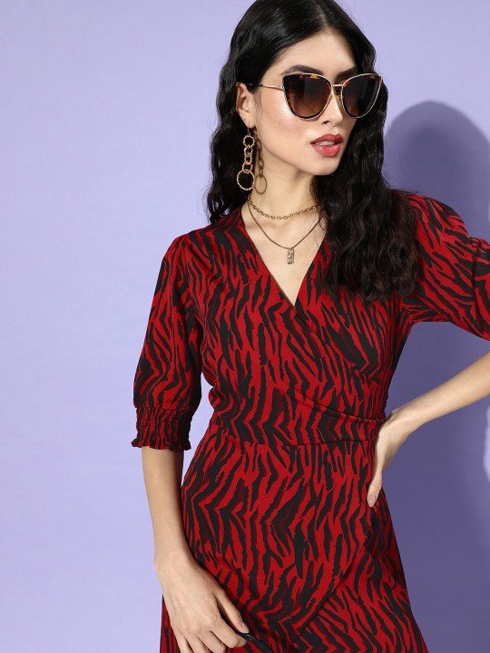 Stripped A-Line Maroon Midi /Calf Dress For Women