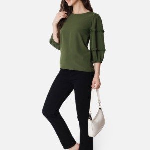 Puff Sleeves Ruffles Detailed Olive Green Regular Top