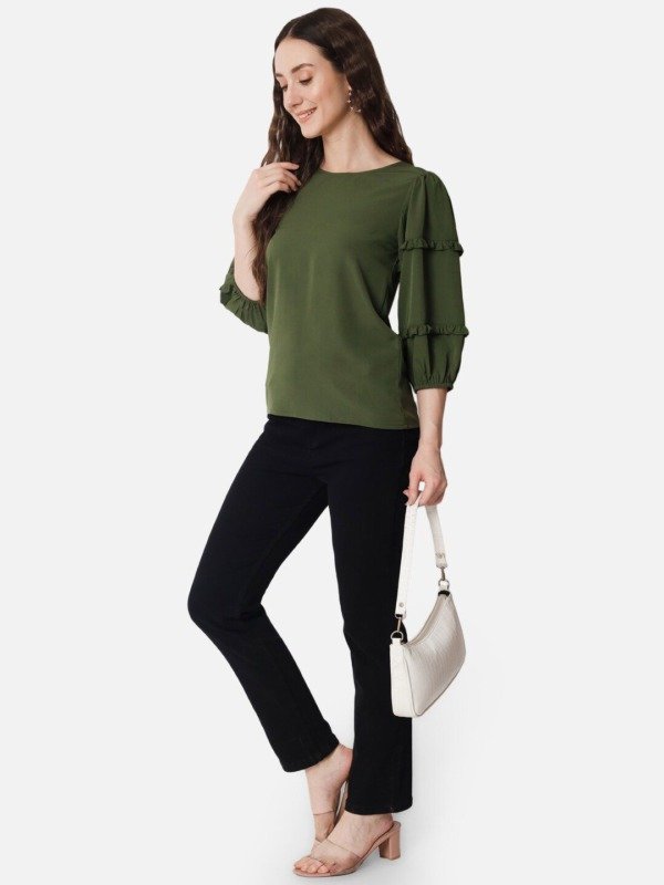 Puff Sleeves Ruffles Detailed Olive Green Regular Top