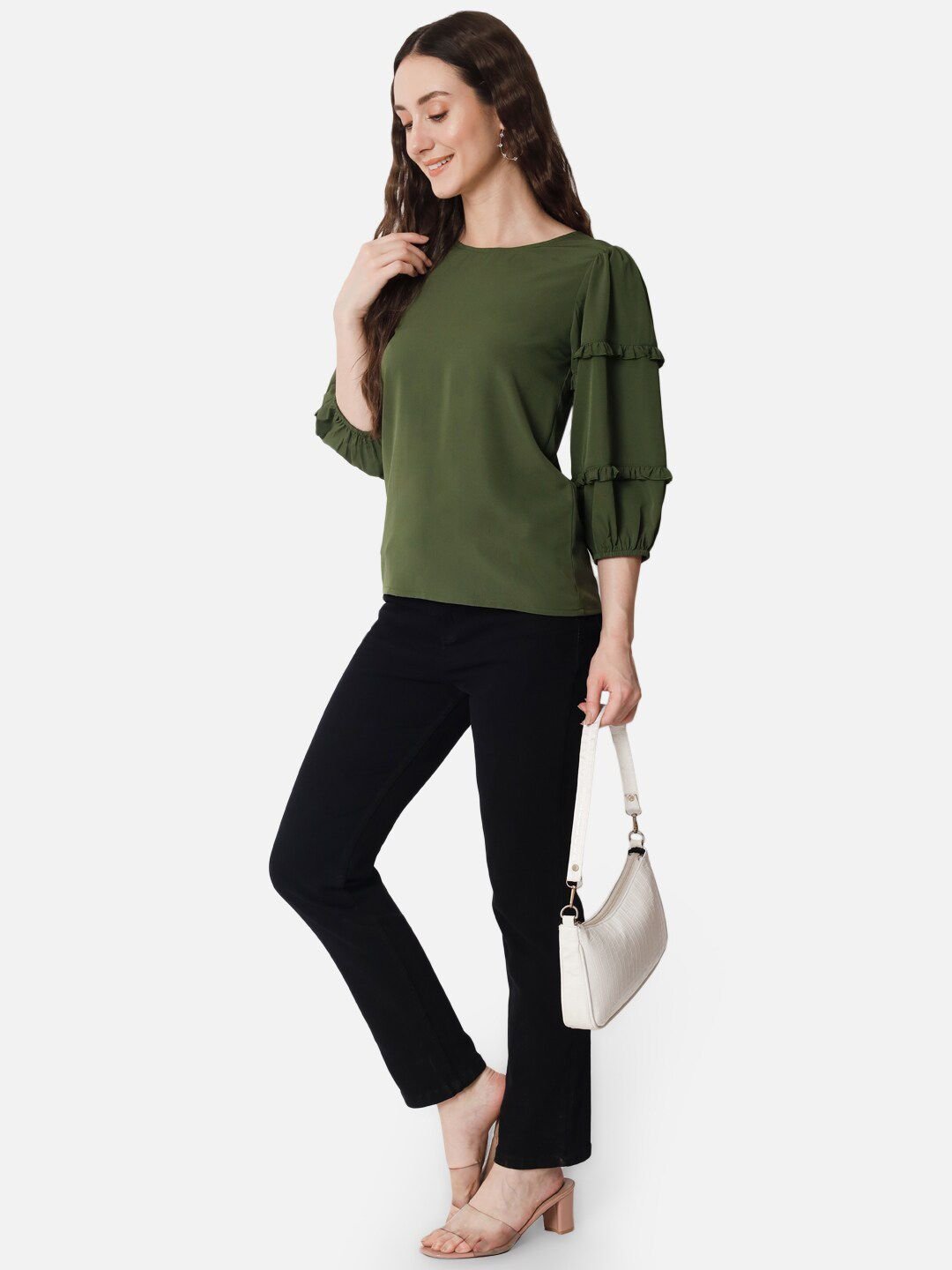 Puff Sleeves Ruffles Detailed Olive Green Regular Top