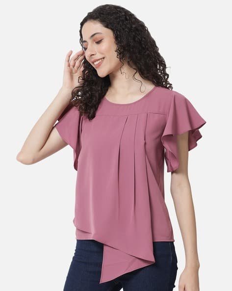 Pink flutter sleeve asymmetric Top