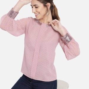 ALL WAYS YOU self design Jewel neck cuffed sleeves Top