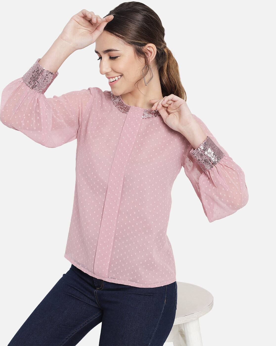 ALL WAYS YOU self design Jewel neck cuffed sleeves Top