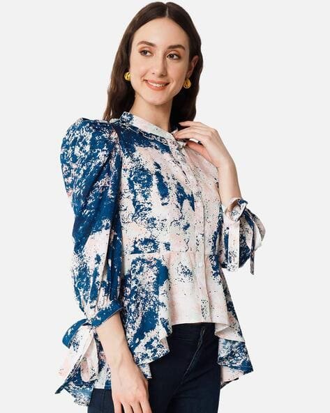 Tie - Dye Mandarin collar puff sleeve crape top
