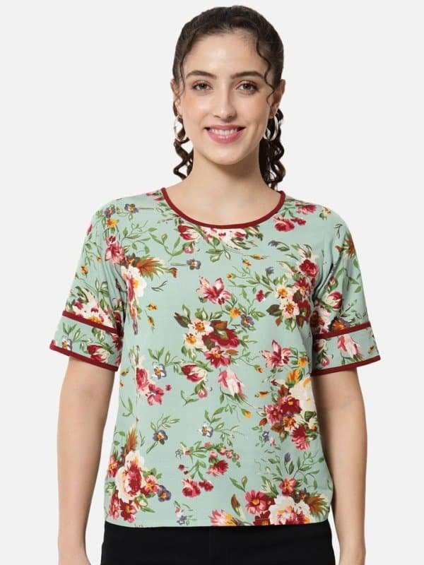 Floral Printed Round Neck Regular Top For Women