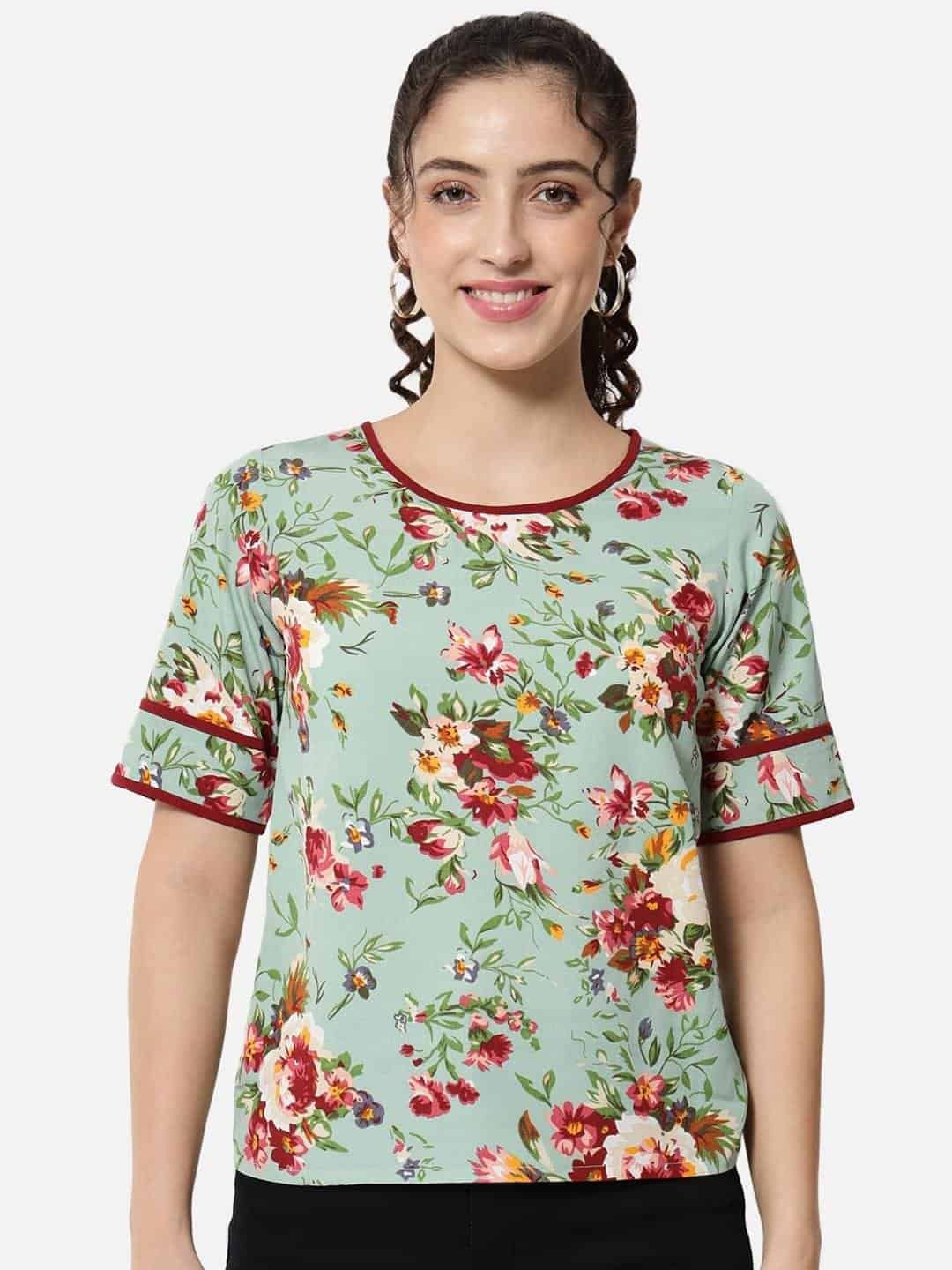 Floral Printed Round Neck Regular Top For Women