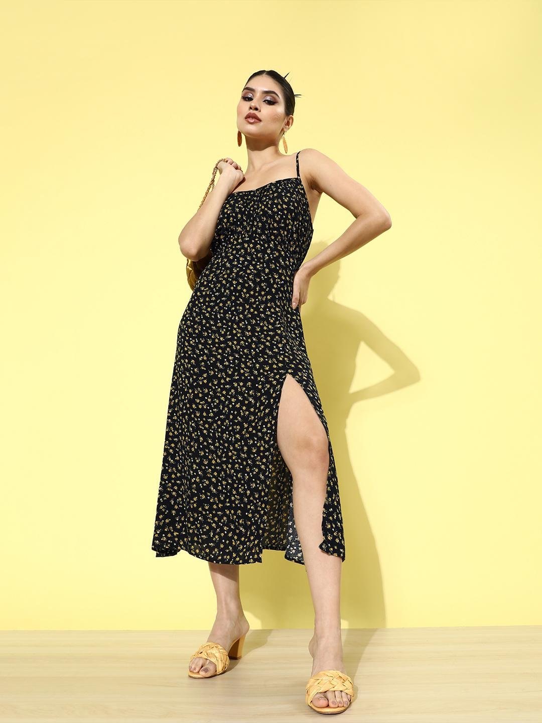 Black Printed A-Line Midi Calf Length Dress for Women