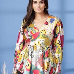 Multicolor Abstract Printed V-Neck Women’s Top with Long Sleeves