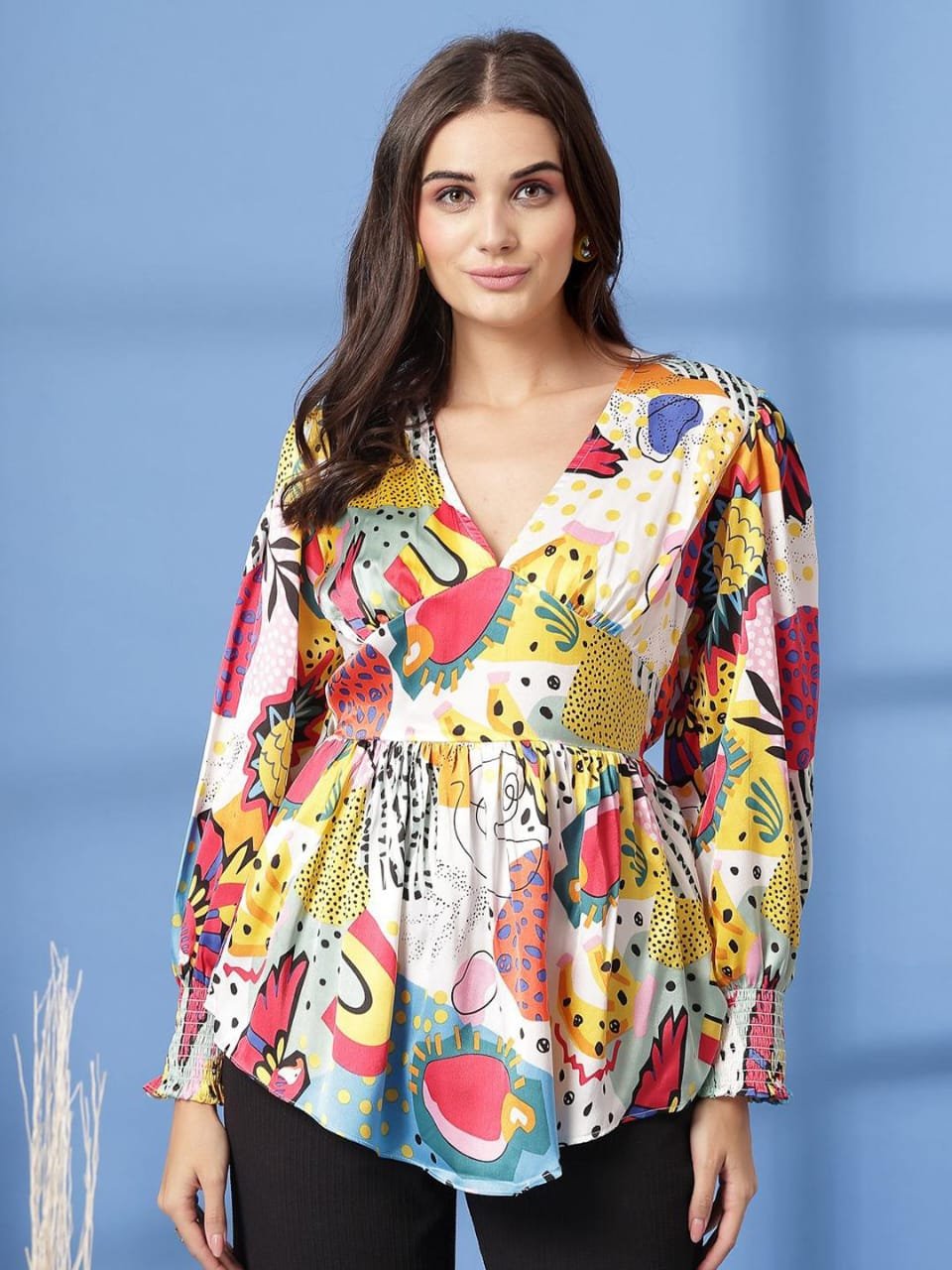 Multicolor Abstract Printed V-Neck Women’s Top with Long Sleeves