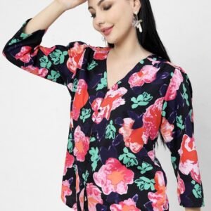 Black Floral Printed Women’s Top with V-Neck Design