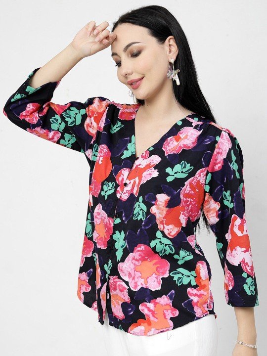 Black Floral Printed Women’s Top with V-Neck Design
