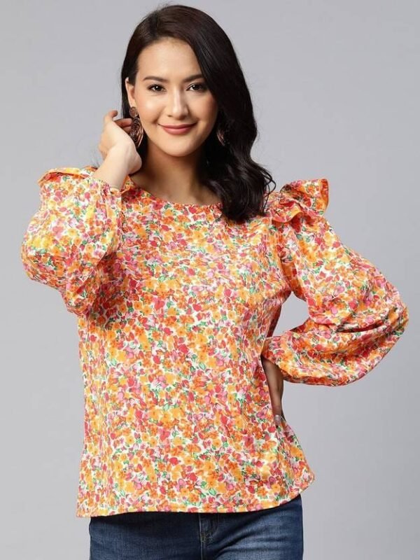 Orange Floral Printed Puff Sleeve Plus Size Women’s Top
