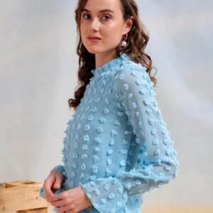 Light Blue Textured Ruffled Sleeve Women’s Top