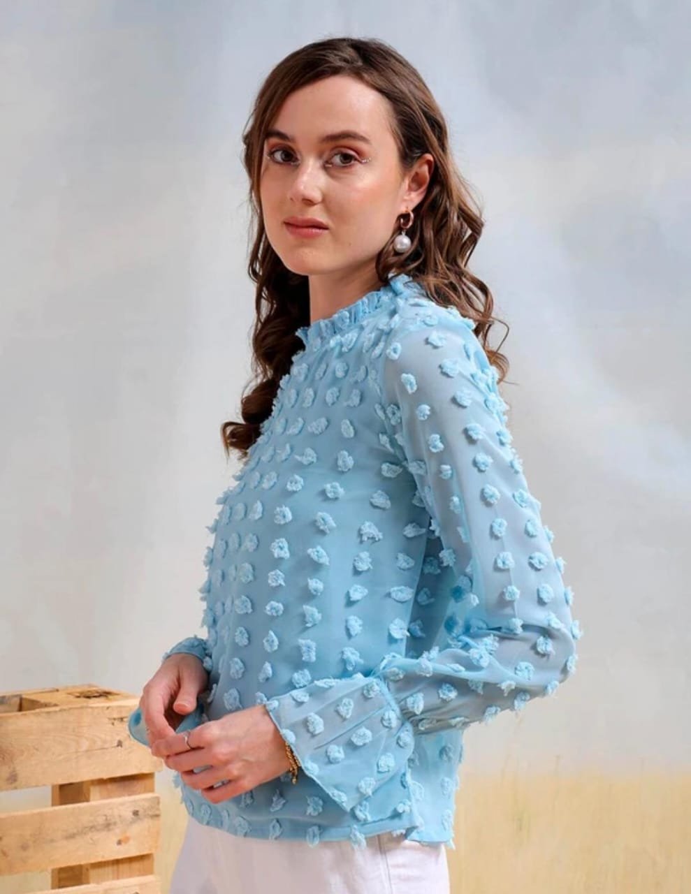 Light Blue Textured Ruffled Sleeve Women’s Top