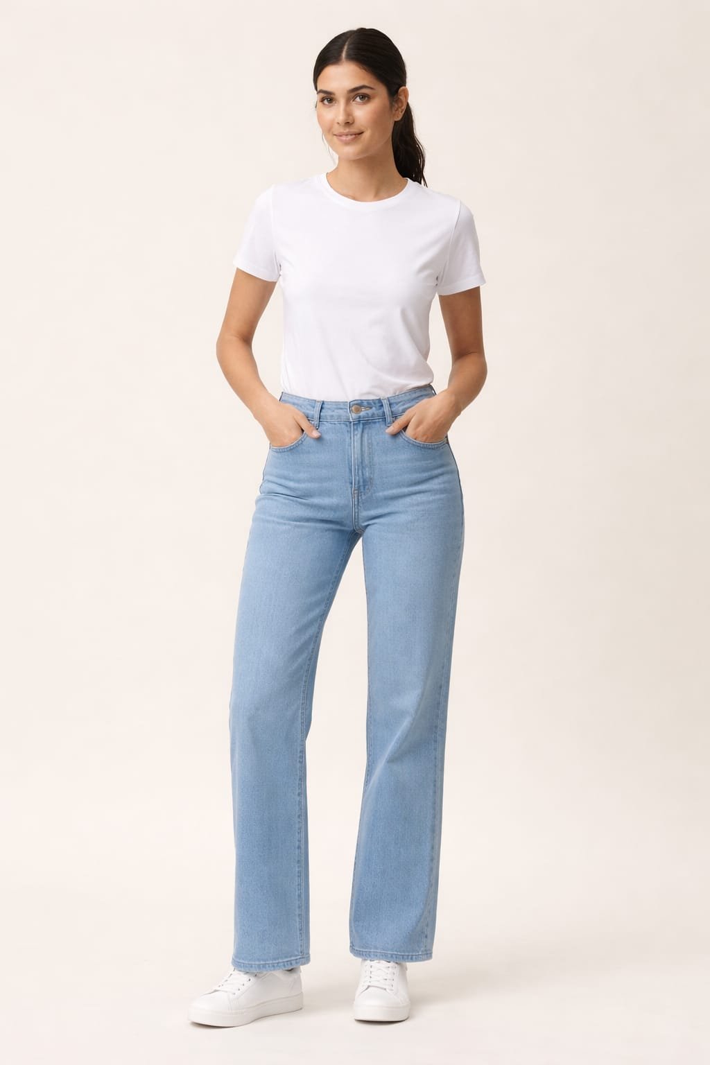 Light Blue High-Waist Straight Fit Denim Jeans for Women
