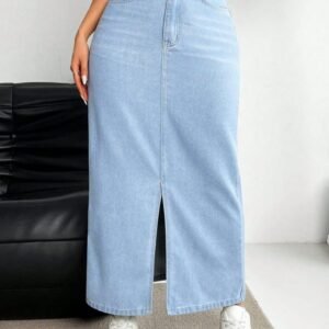 Light Blue Denim Maxi Skirt – Front Slit Design