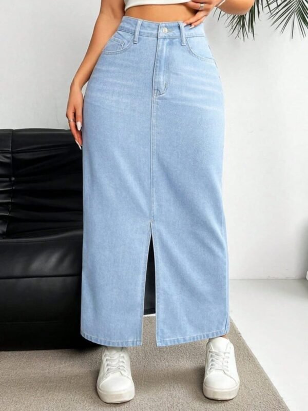 Light Blue Denim Maxi Skirt – Front Slit Design