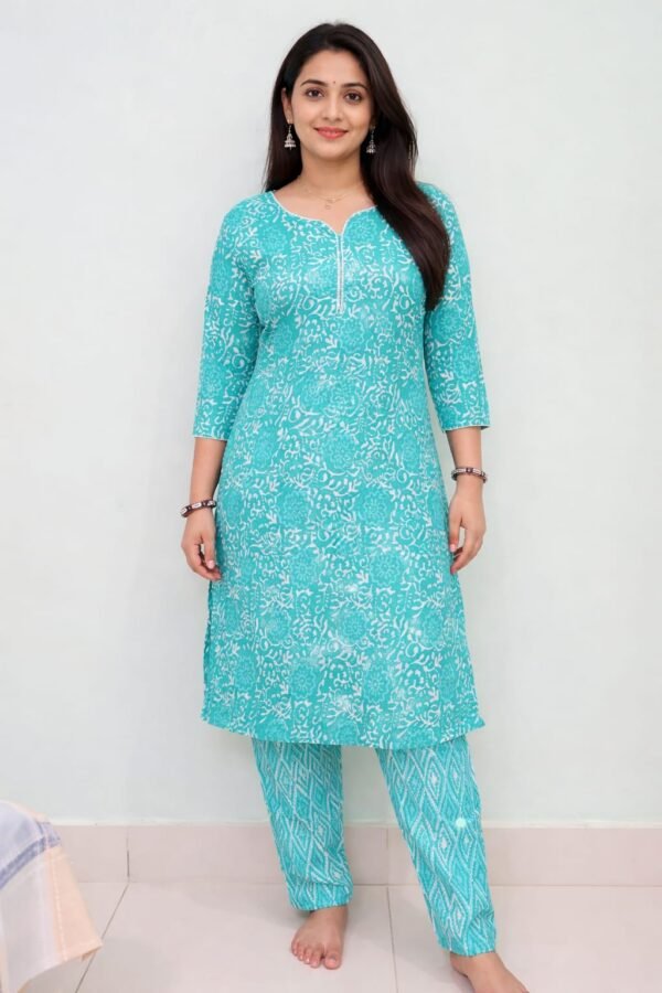 Teal Green Printed Kurta Pant Set for Women