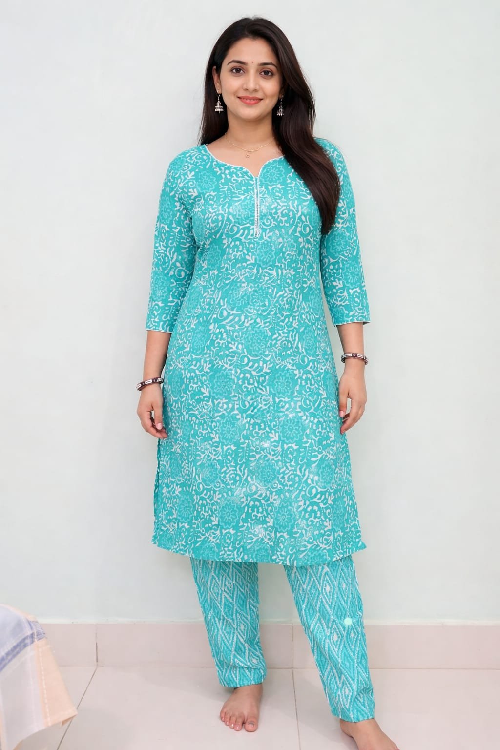 Teal Green Printed Kurta Pant Set for Women