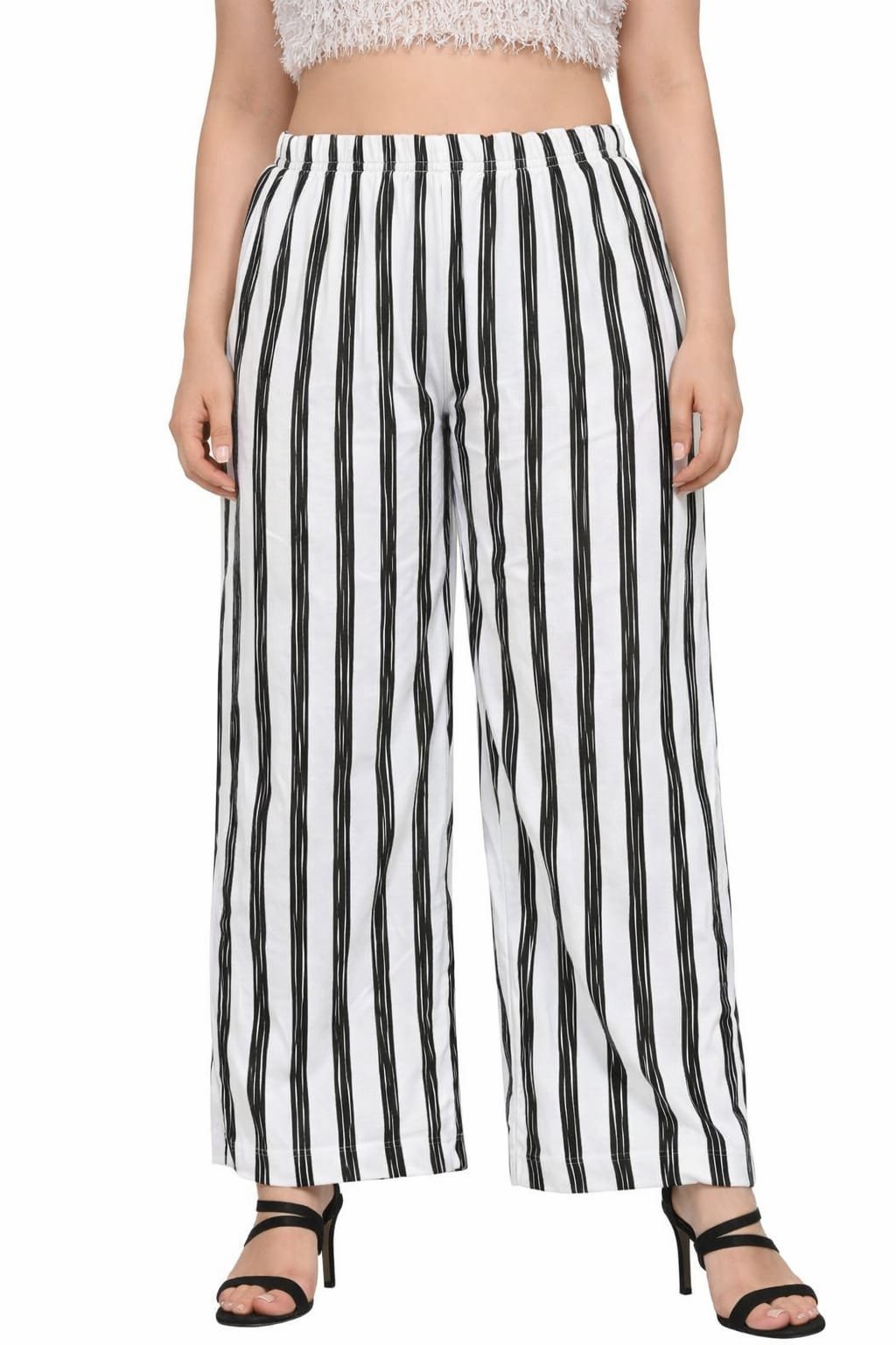 Women’s Black & White Striped Palazzo Pants | Free Size | Elastic Waist | Comfortable Daily Wear