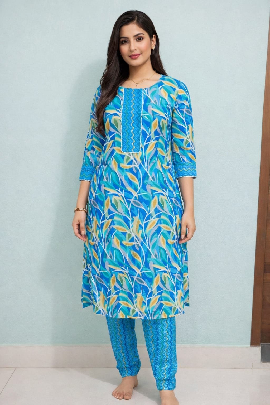 Blue Leaf Print Kurti Set with Matching Pants | Stylish Casual Wear