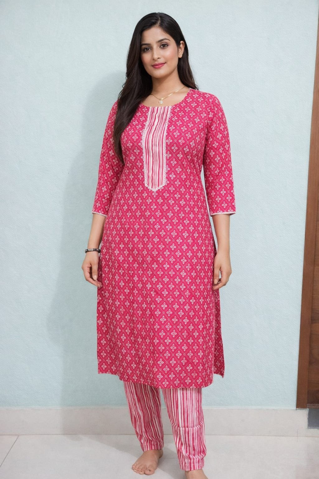 Red Printed Kurti Set with Striped Pants | Elegant Daily Wear Suit
