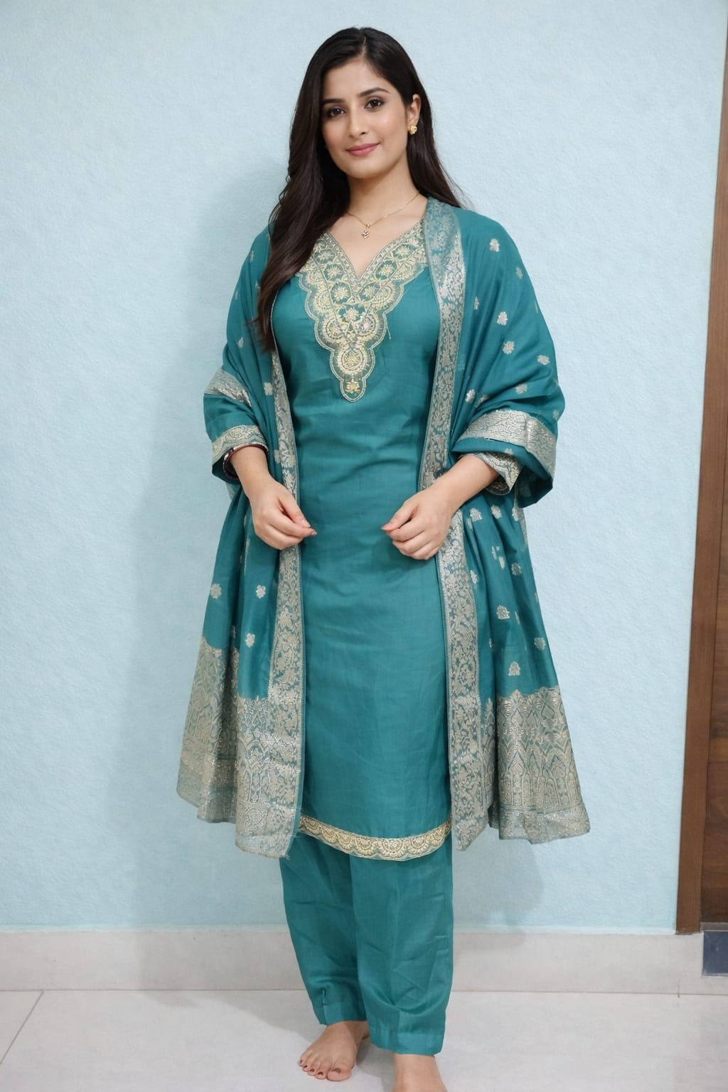 Teal Green Embroidered Kurti Set with Dupatta | Elegant Festive Wear Suit