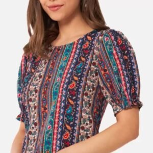 Multicolor Ethnic Print Puff Sleeve Women’s Top