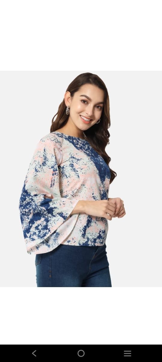 Teal Printed Bell Sleeve Women’s Top with Round Neck