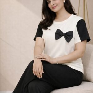 Women’s White & Black Bow Detail Co-Ord Set (Top & Palazzo)