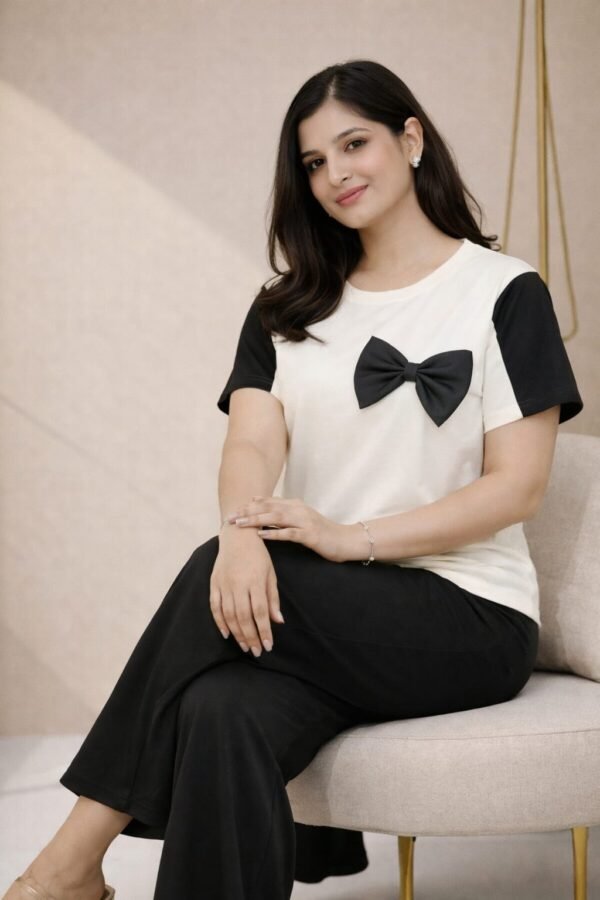 Women’s White & Black Bow Detail Co-Ord Set (Top & Palazzo)
