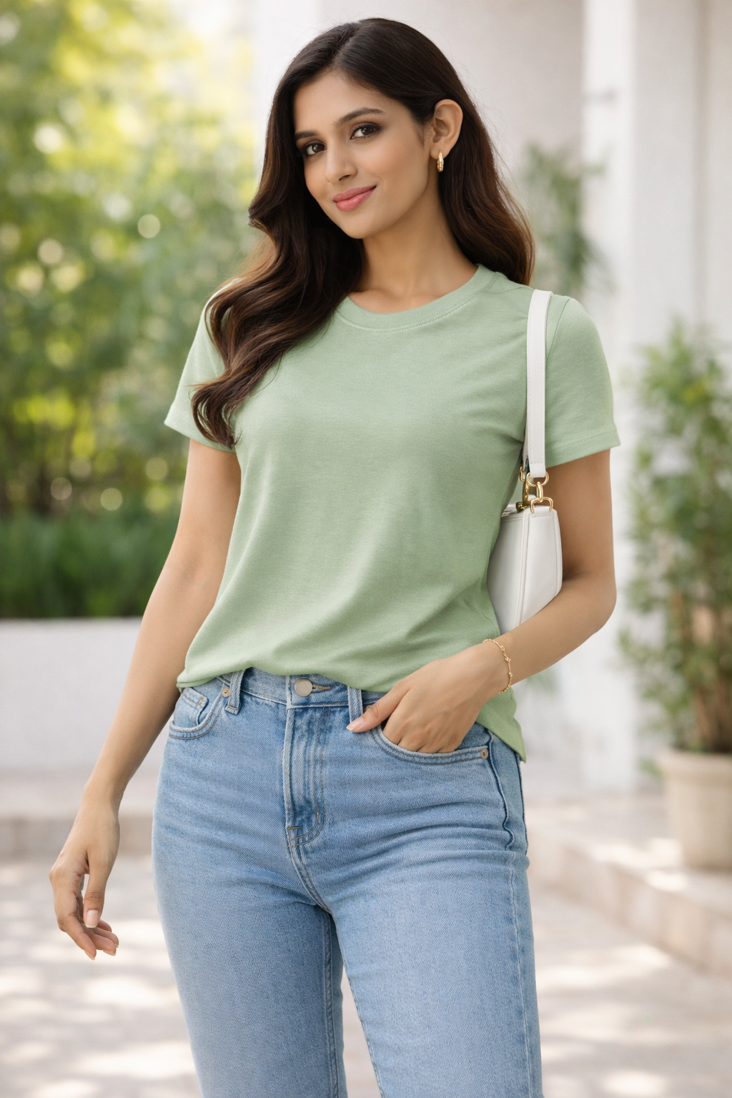 Women Solid Sage Green Cotton T-Shirt