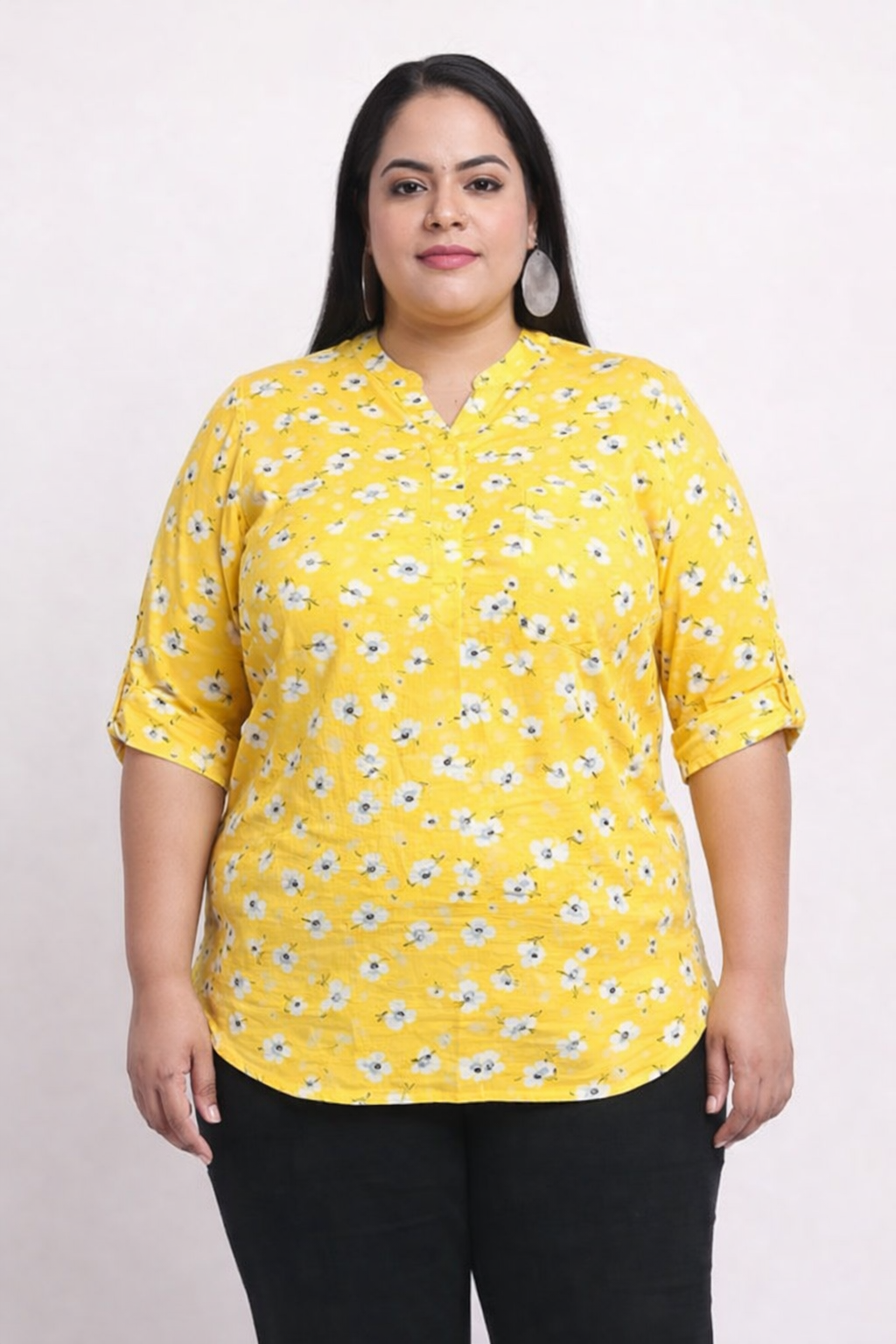 Yellow Floral Printed Plus Size Women’s Top with 3/4 Sleeves