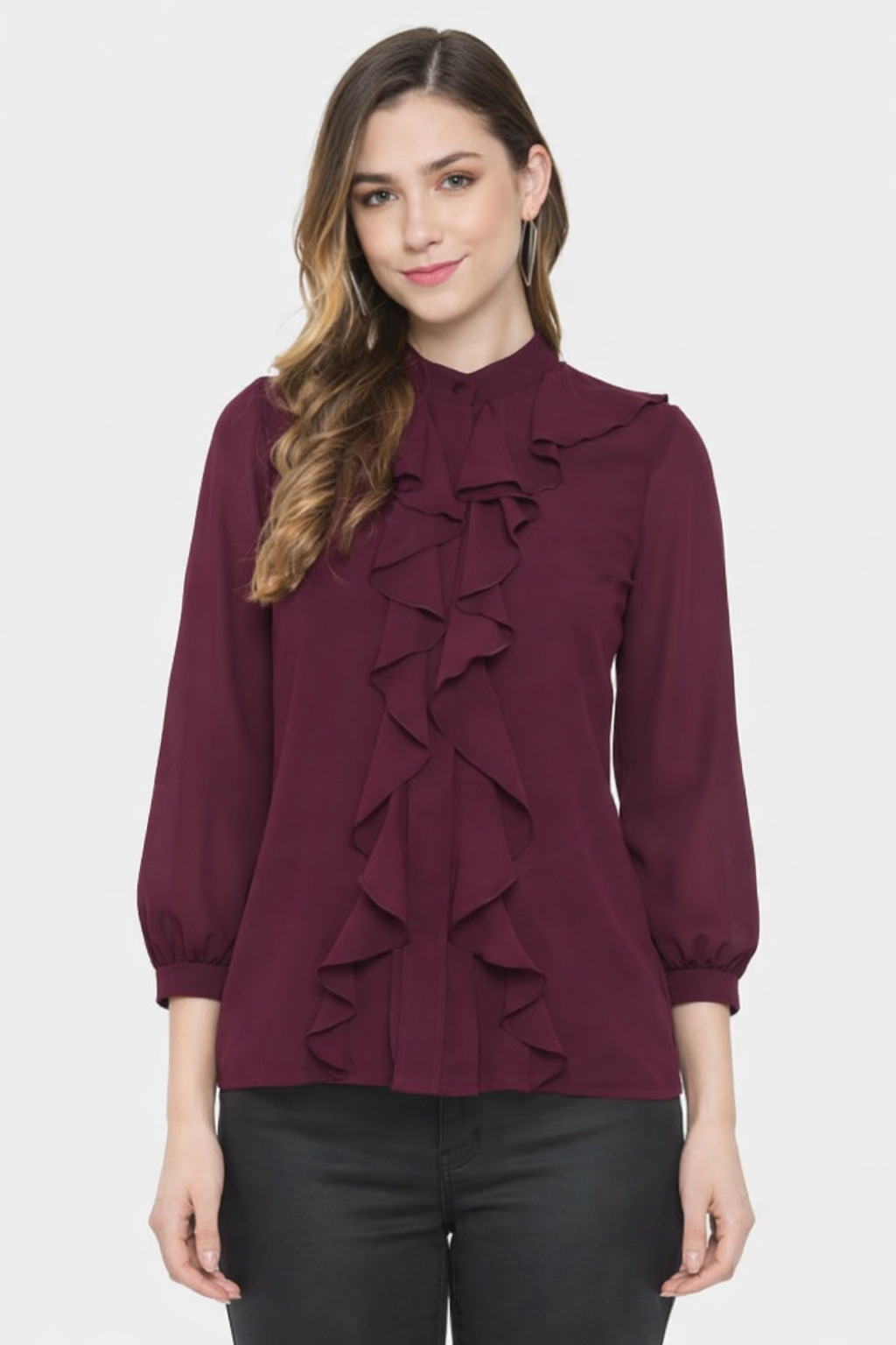 Maroon Solid Ruffle Front Full Sleeve Women’s Top
