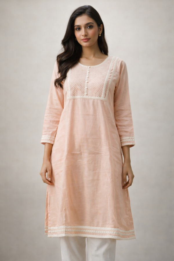 Peach Embroidered Cotton Kurti for Women