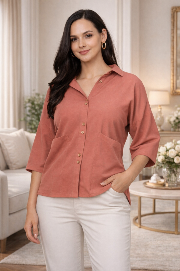 Peach Solid Button-Down Casual Women’s Top with 3/4 Sleeves