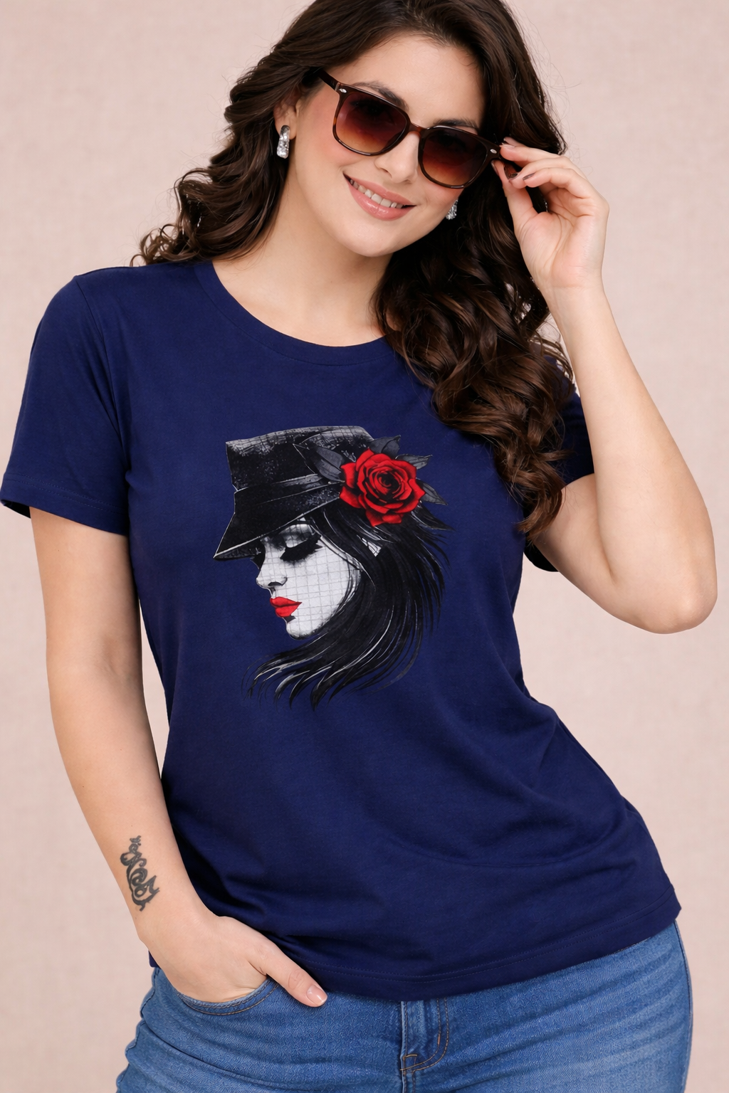 Stylish Navy Blue Graphic Printed Women’s T-Shirt